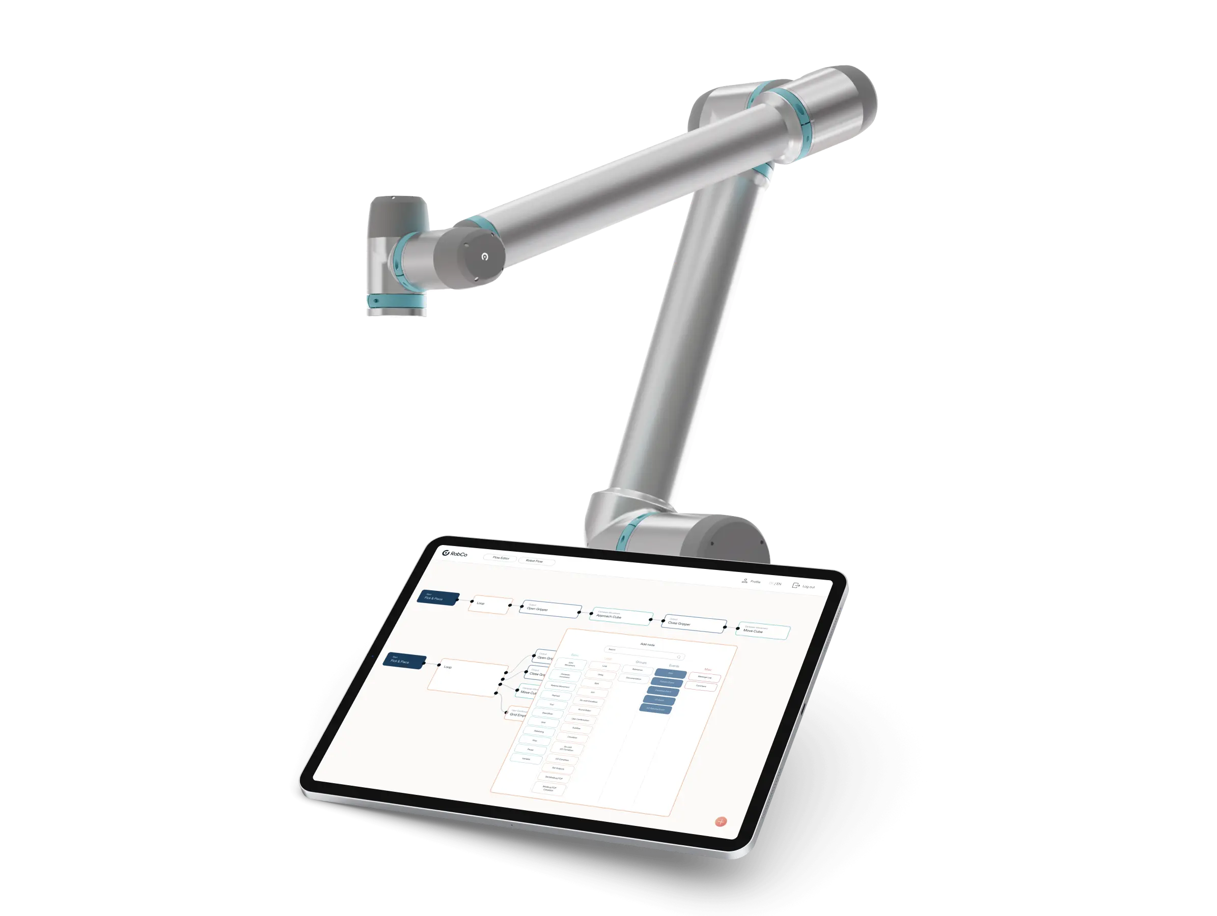 Robotic arm positioned above a tablet displaying a software flowchart interface.