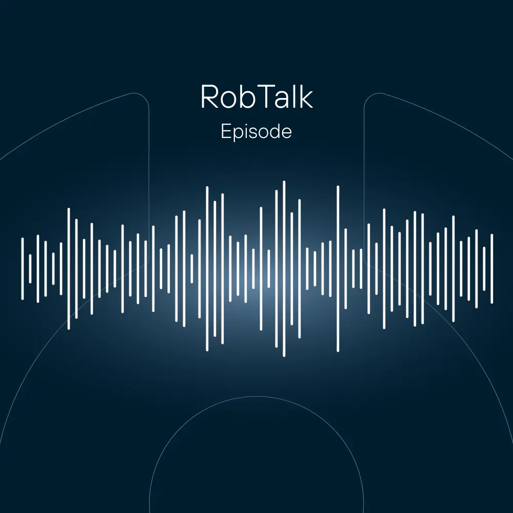 Dark blue background with white soundwave graphic and text 'RobTalk Episode'.