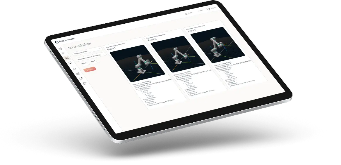 Tablet displaying RoboCo Studio's Robot calculator interface with configurations and details for three robots side by side.