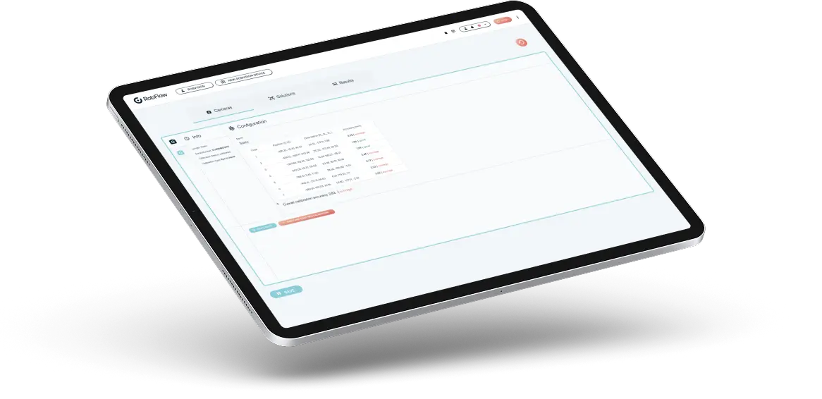 Tablet displaying a software interface with tabs for Contents, Guidelines, and Results, showing a configuration table with dates, names, and statuses.
