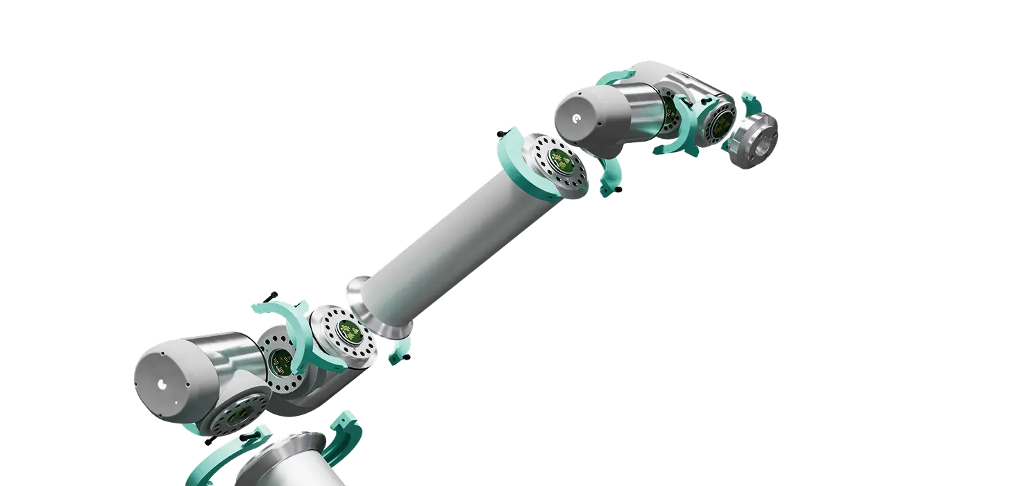 Modular robotic arm with cylindrical metal segments and teal connectors against a black background.