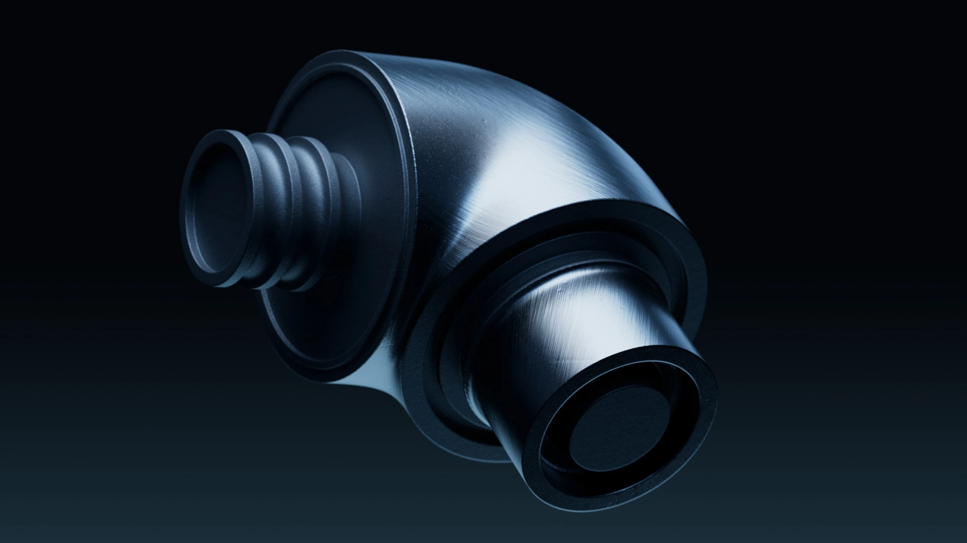 Close-up of a shiny metallic pipe elbow connector with a smooth brushed texture on a dark background.