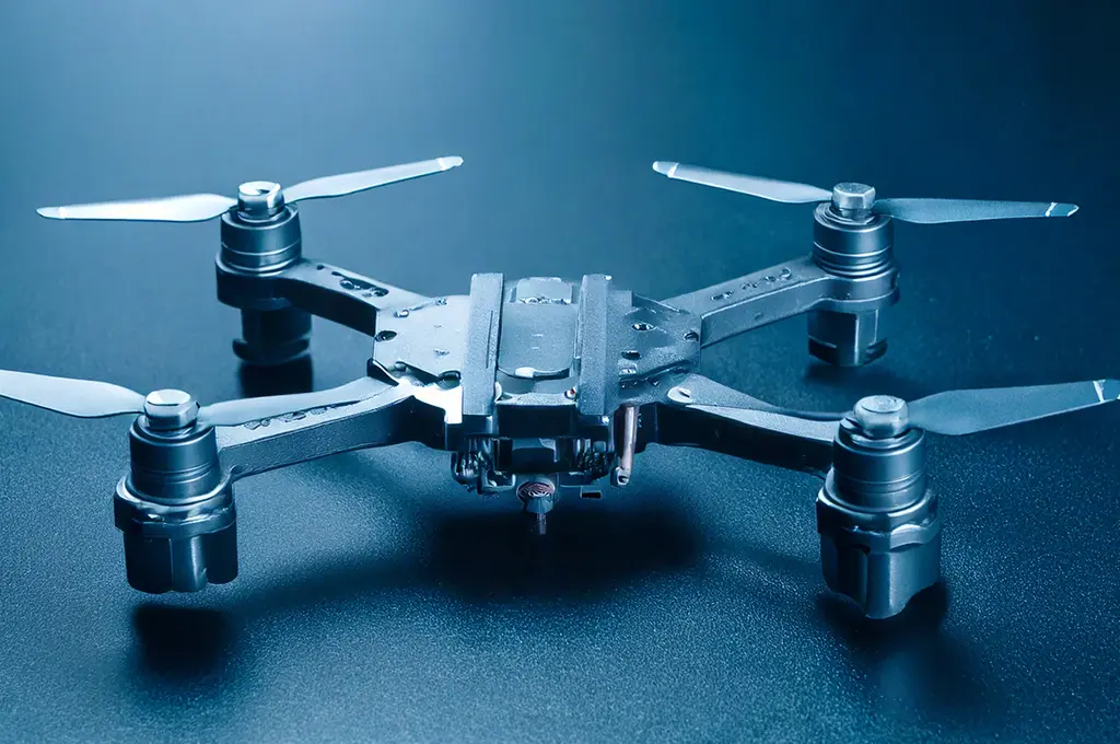 Black quadcopter drone with four propellers on a dark surface under blue lighting.