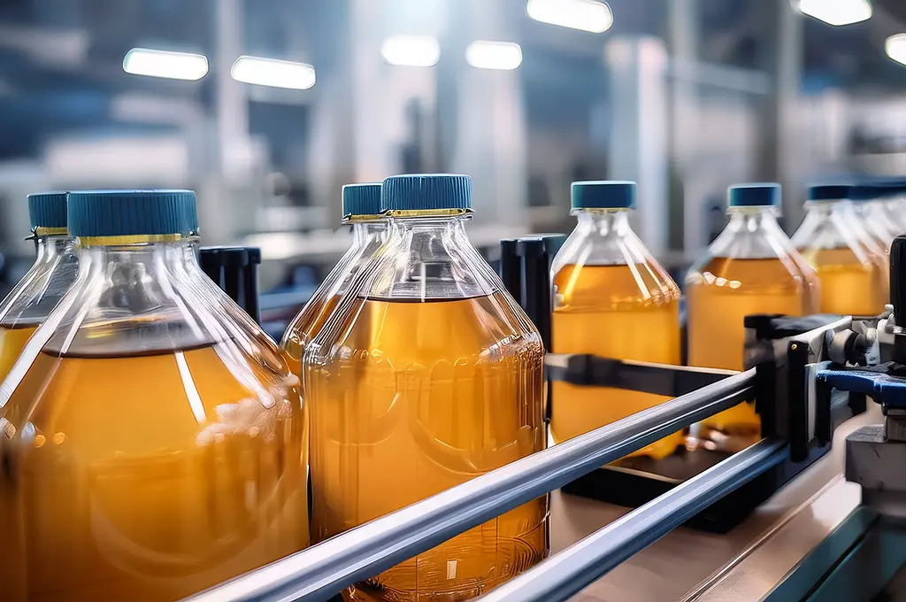 Plastic bottles filled with amber liquid on a conveyor belt in a production facility.