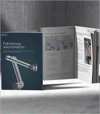Open brochure titled 'Palettierung automatisieren' showing an industrial robotic arm, with visible diagrams and text.
