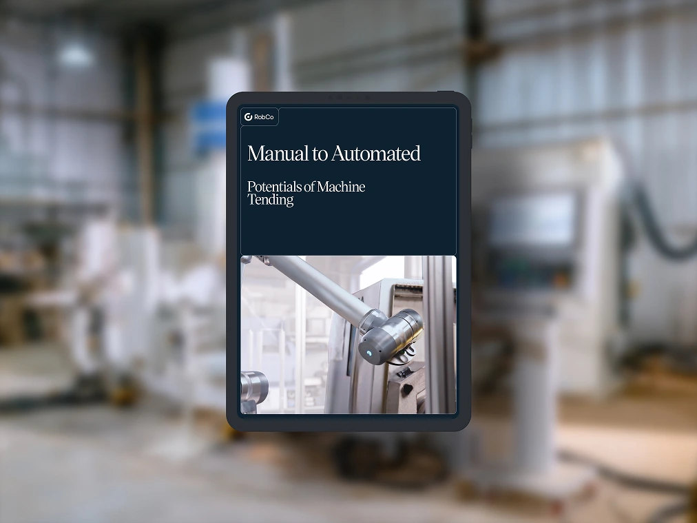 White paper mockup titled "Manual to Automated - Potentials of Machine Tending”. Background image in an industrial environment.