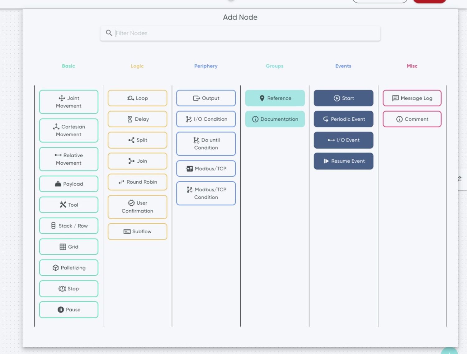 Screenshot einer Software-Oberfläche für die Programmierung von Robotern, die verschiedene Befehlsblöcke wie 'Bewegung', 'Logik' und 'Events' in einem No-Code-Editor zeigt.