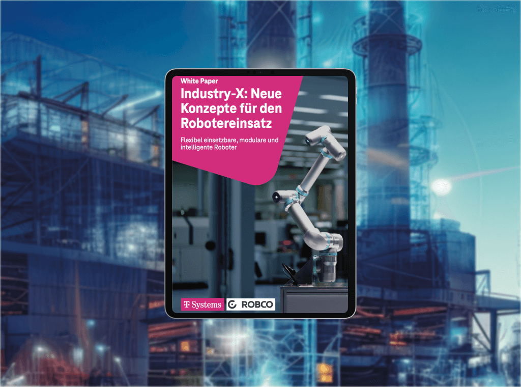 Whitepaper-Mockup mit dem Titel „Industry-X – Neue Konzepte für den Robotereinsatz“. Hintergrundbild in einer industriellen Umgebung.