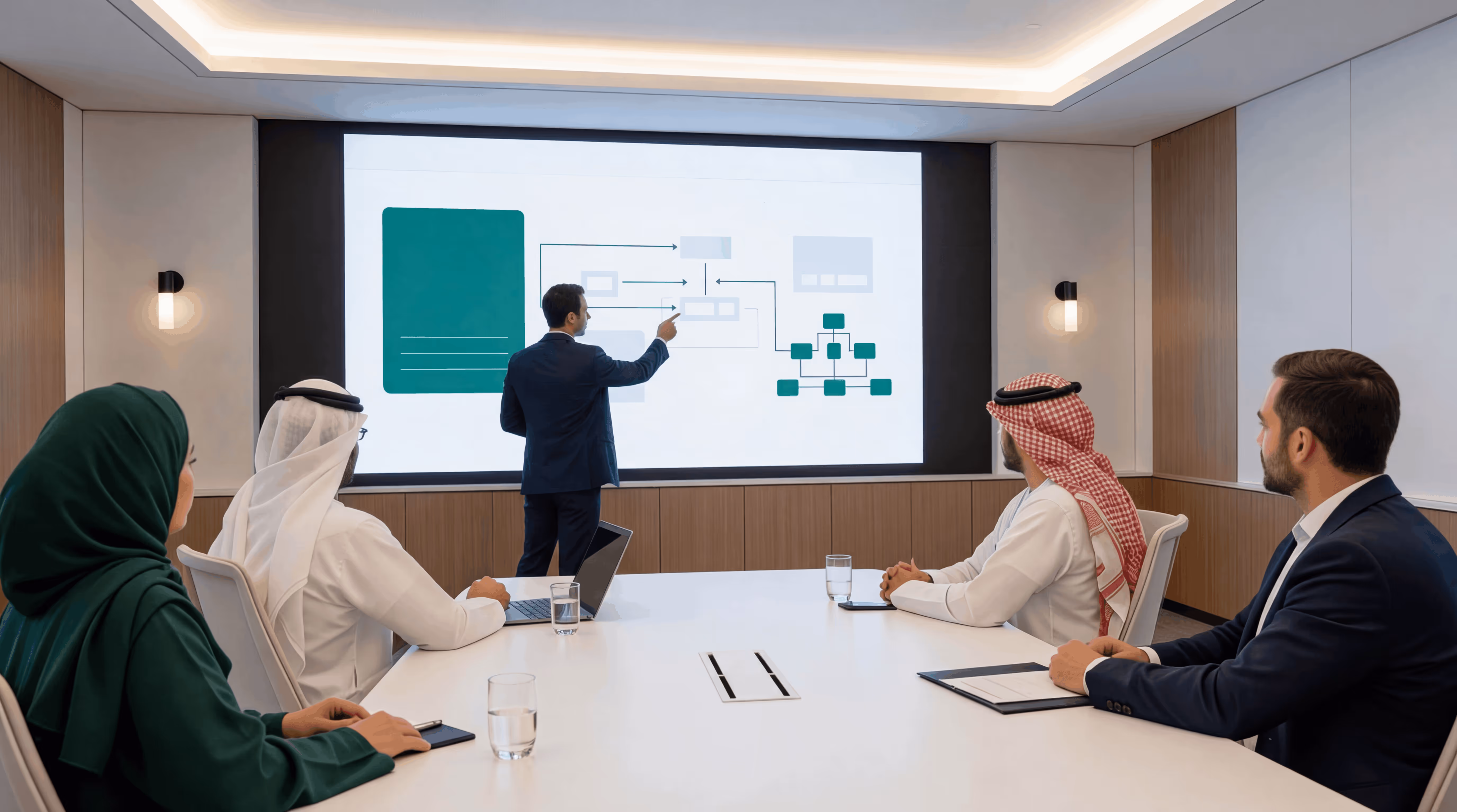 عرض أعمال مع مستشار يشرح بنية النظام لمحترفي الشرق الأوسط في غرفة اجتماعات.