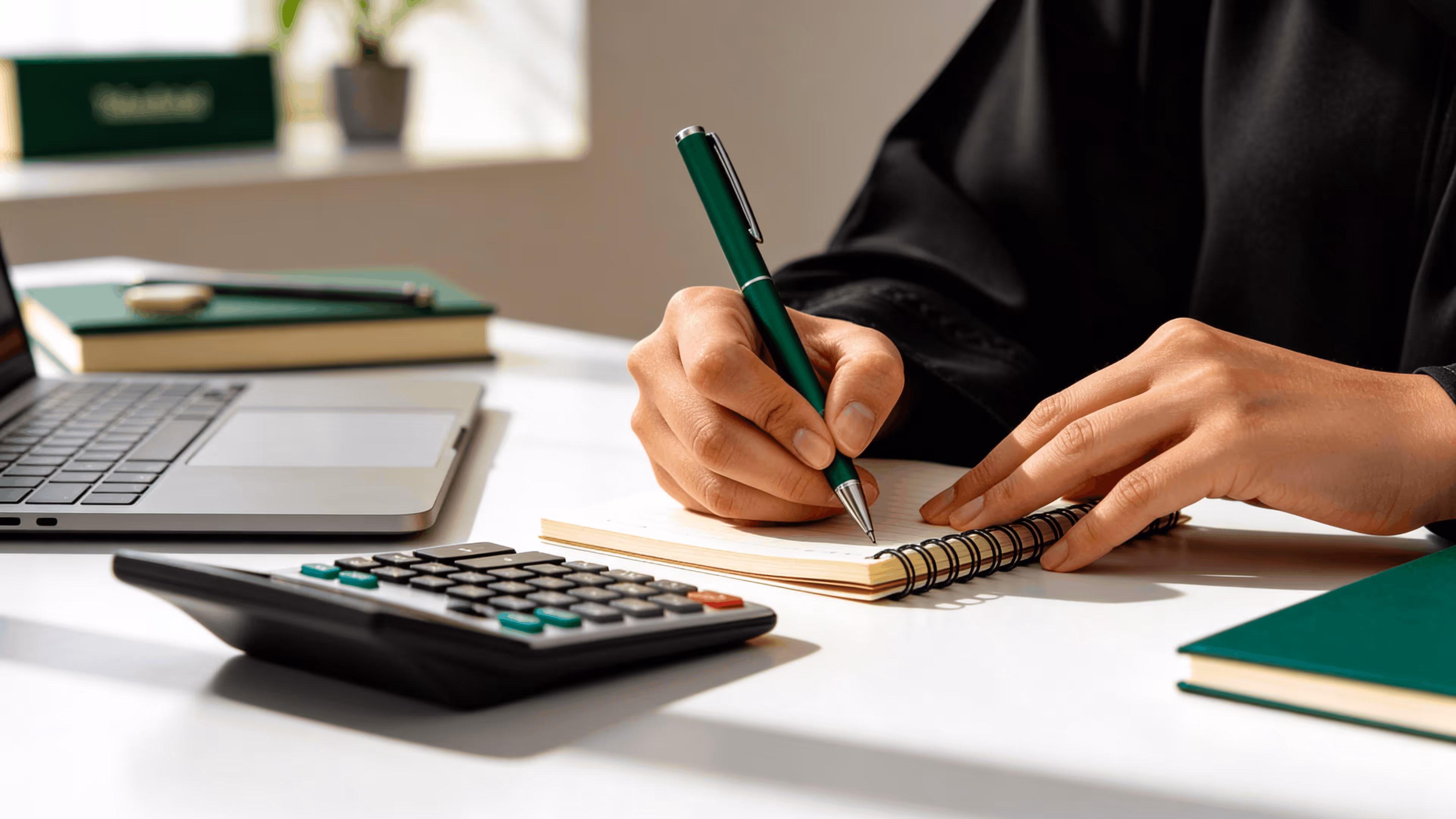 Person writing financial notes at a desk with a laptop, calculator, and notebook in a modern workspace.