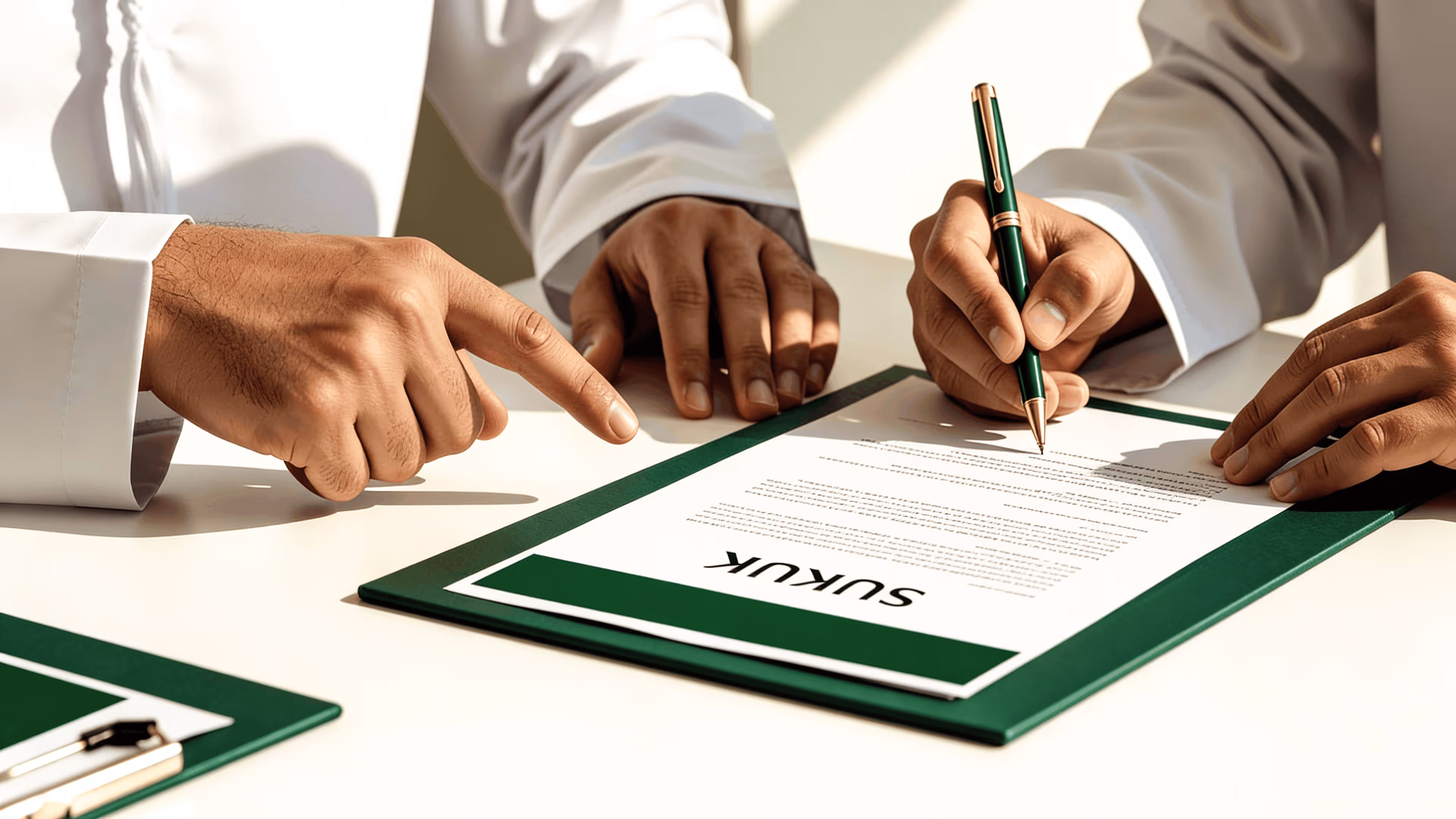 Two professionals reviewing and signing a formal Sukuk investment document on a desk.