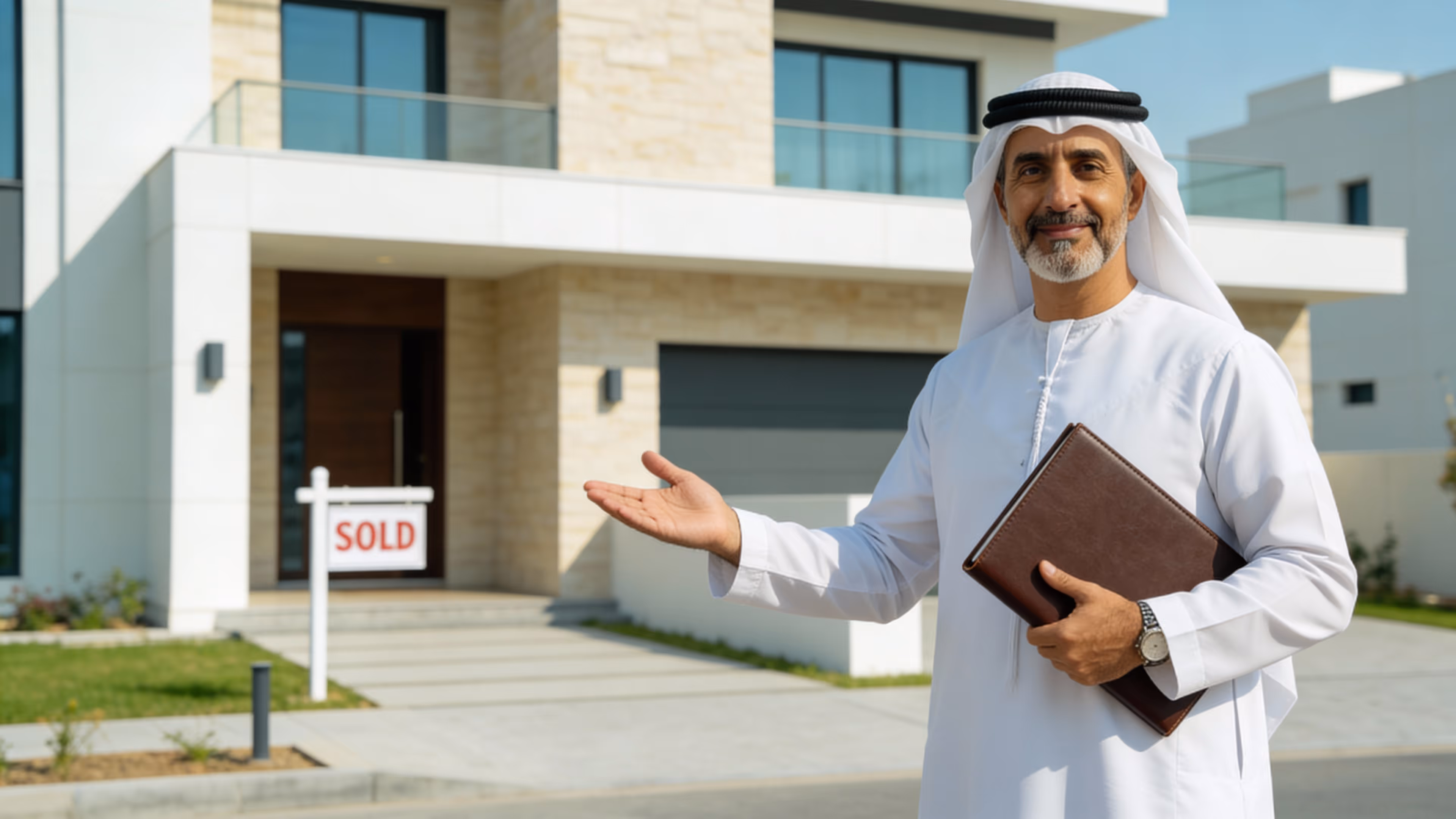 Middle Eastern real estate advisor standing in front of a modern house with a sold sign, presenting a completed property sale.