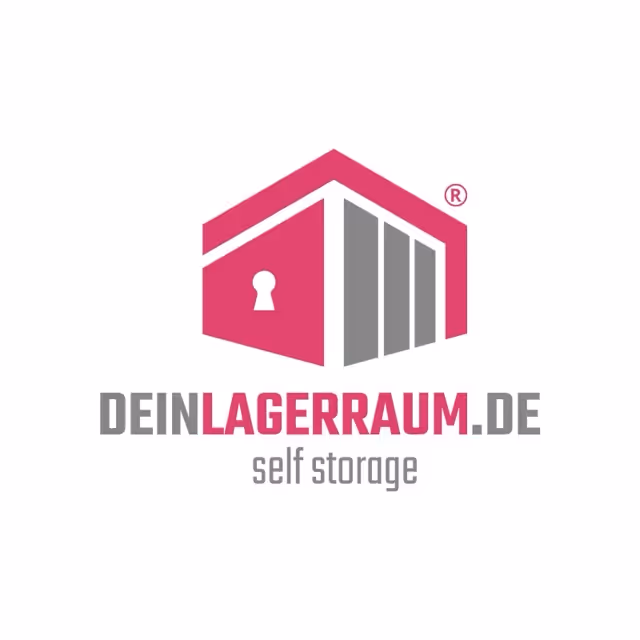 Logo von deinlagerraum.de mit stilisiertem Lagerhaus und Schlüsselbohrung, darunter Text: self storage.