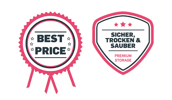 Zwei Abzeichensymbole; links ein rundes Abzeichen mit der Aufschrift ‚BEST PRICE‘, rechts ein schildförmiges Abzeichen mit der Aufschrift ‚SICHER, TROCKEN & SAUBER PREMIUM STORAGE‘.