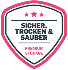 Wappen mit drei Sternen oben und dem Text 'Sicher, trocken & sauber' sowie 'Premium Storage' darunter.