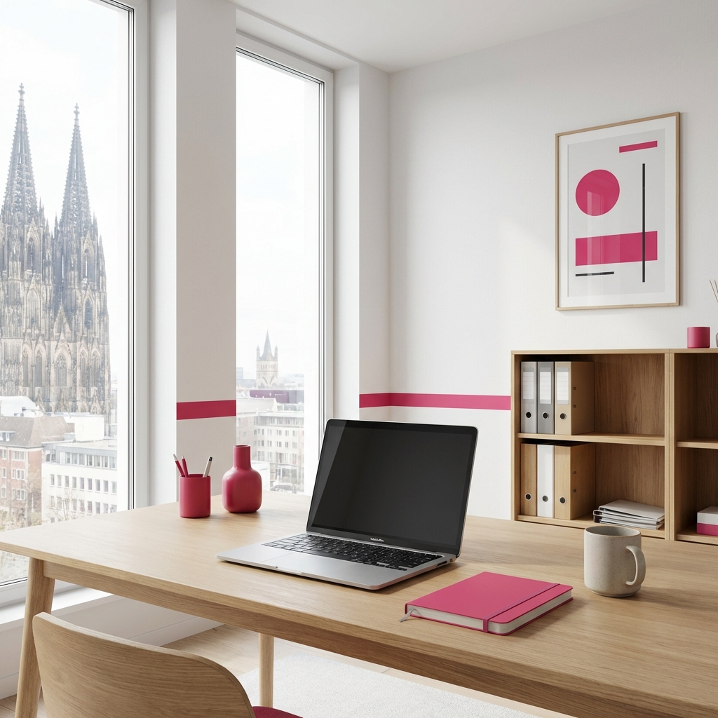 Modernes Büro mit Holztisch, Laptop, rosa Accessoires und Blick auf den Kölner Dom durch große Fenster.