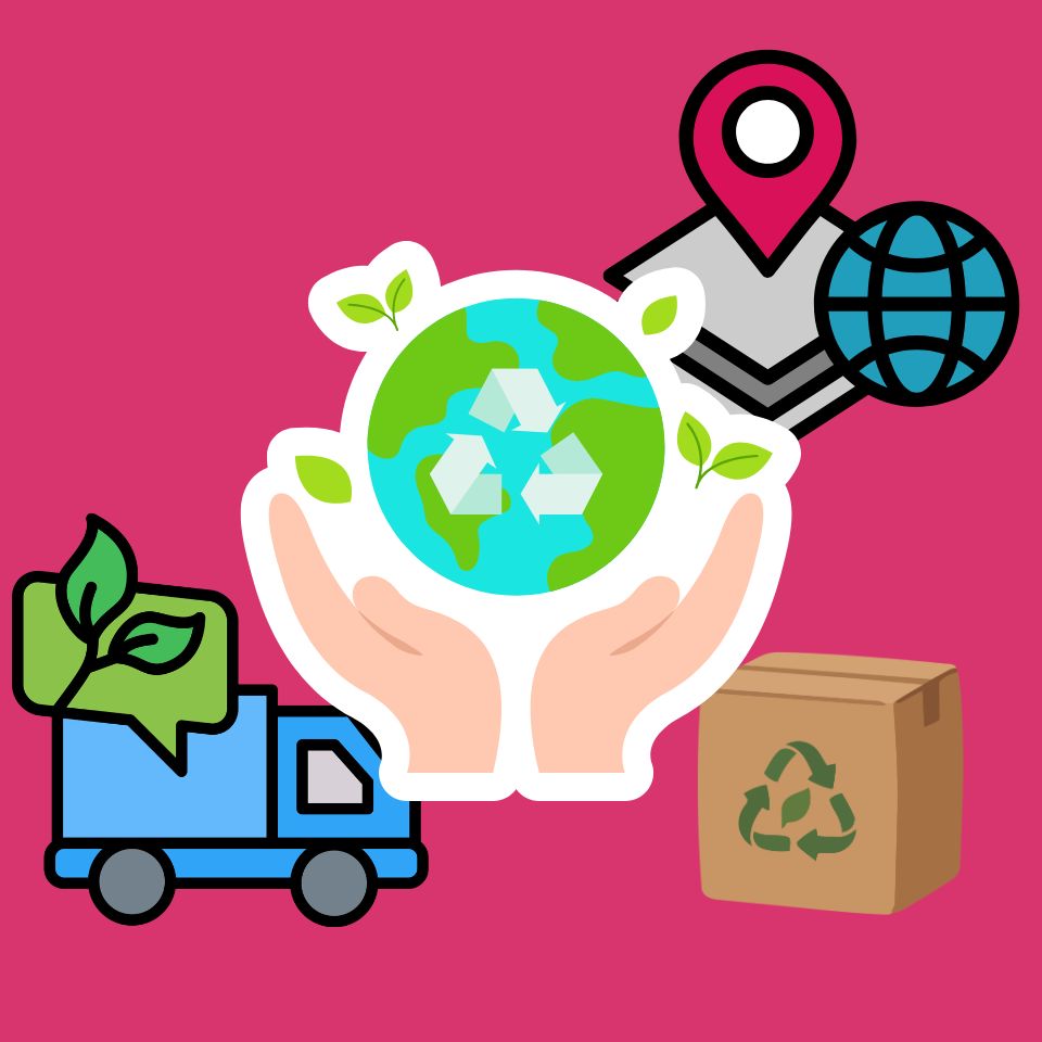 Symbolische Darstellung von Umweltschutz mit Händen, die Erde mit Recycling-Symbol halten, Lkw mit Blatt, Karton mit Recyclingzeichen, Globus und Standortmarker auf pinkem Hintergrund.