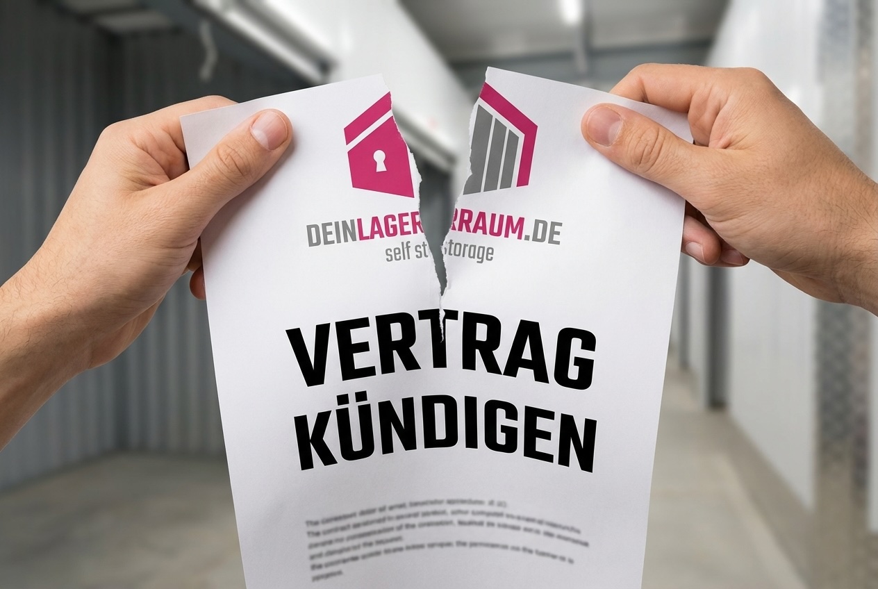 Zwei Hände reißen ein Papier mit dem Text 'Vertrag kündigen' und dem Logo von DeinLagerraum.de in einem Lagerflur.