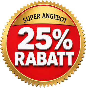 Goldener Siegel mit rotem Hintergrund und Text 'Super Angebot 25% Rabatt'.