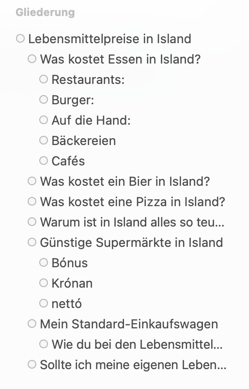 Gliederung eines Textes zu den Lebensmittelkosten in Island