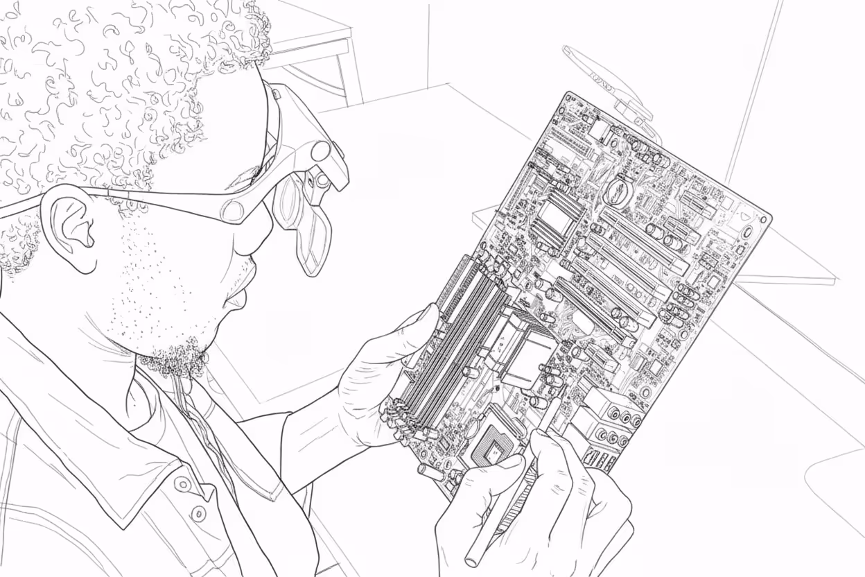 Line Drawing of Man Working on Computer Chips