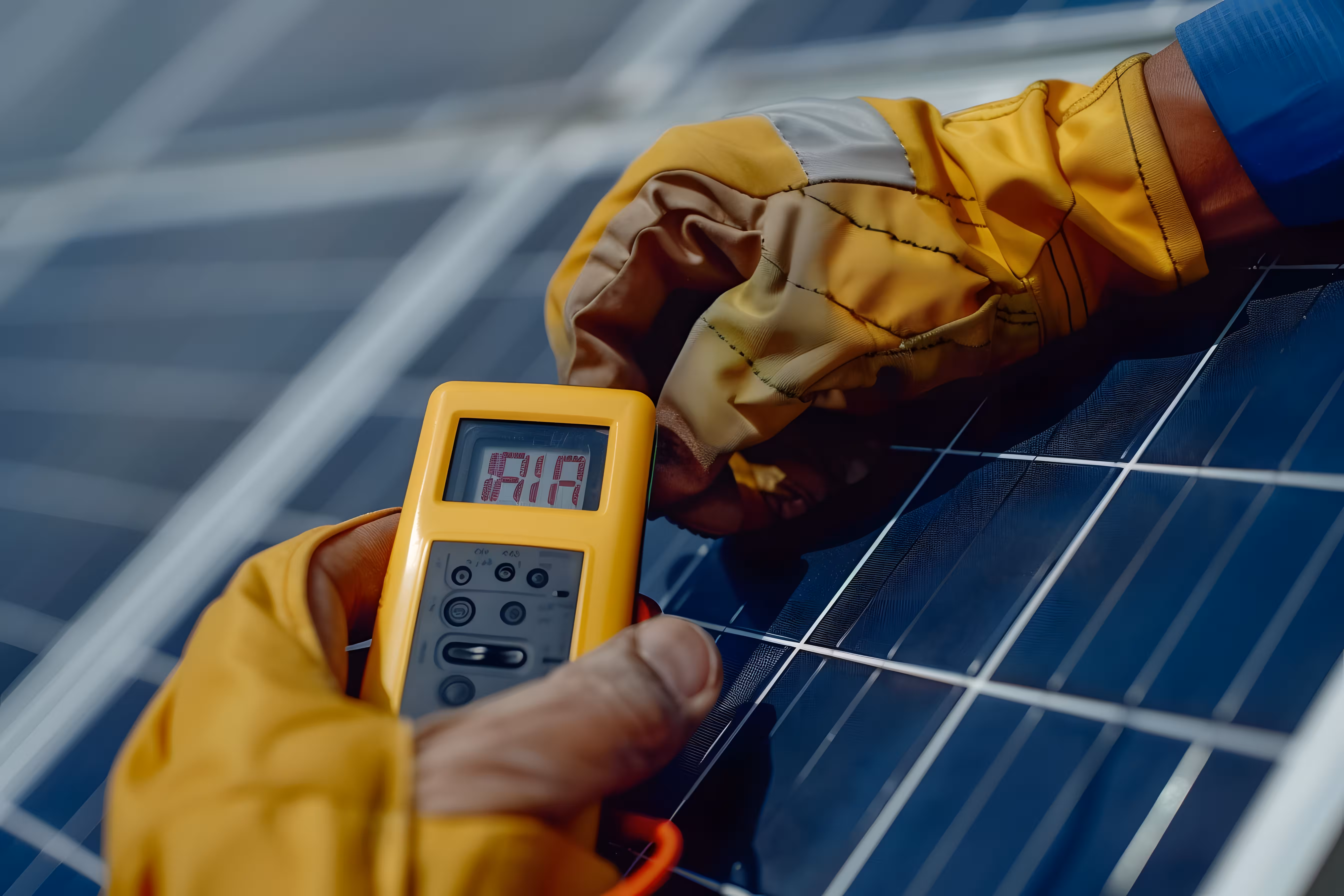 Technician Measuring Solar Panel Output