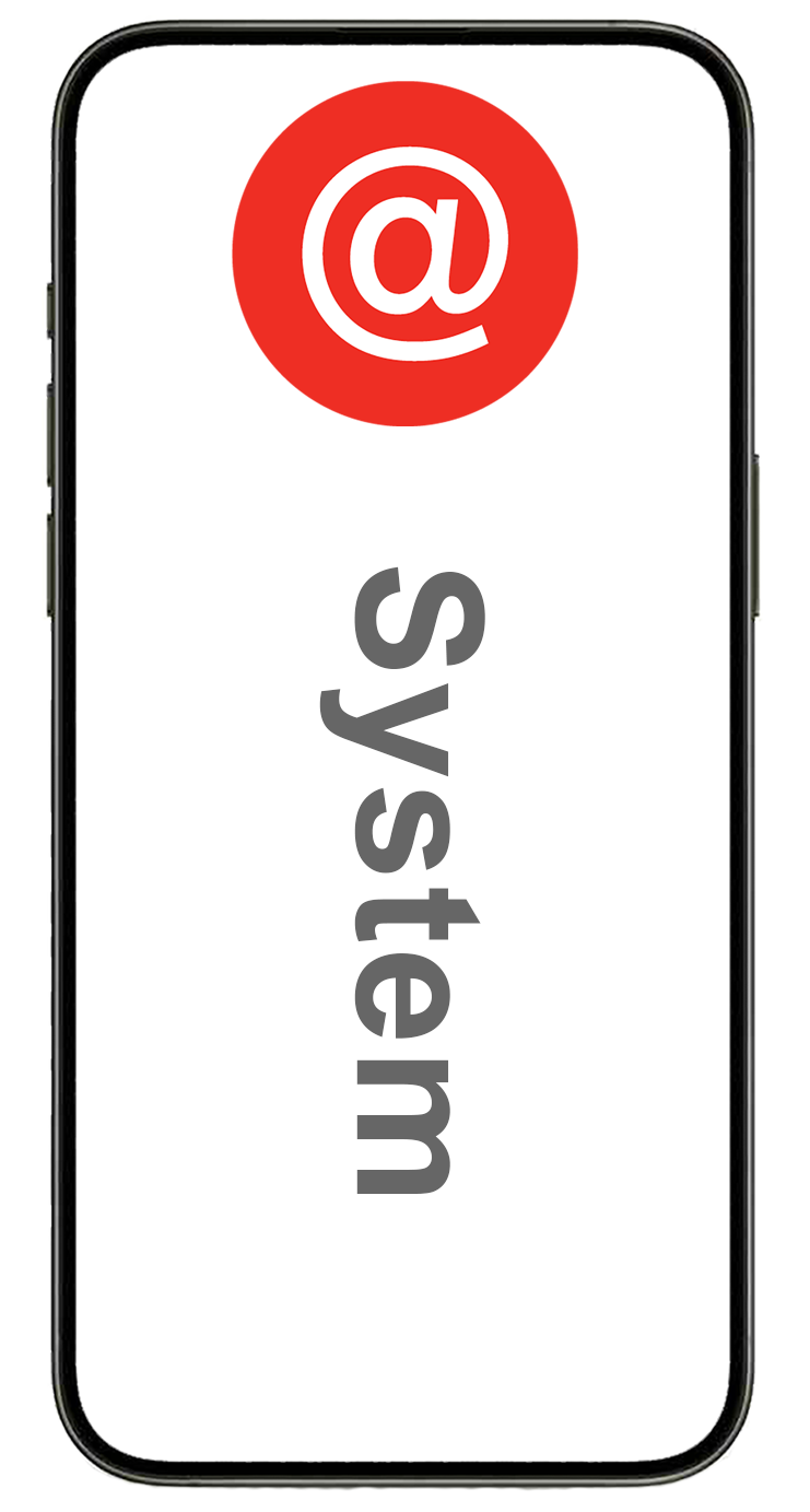 Smartphone screen displaying a red circle with a white '@' symbol above the vertical gray word 'system'.