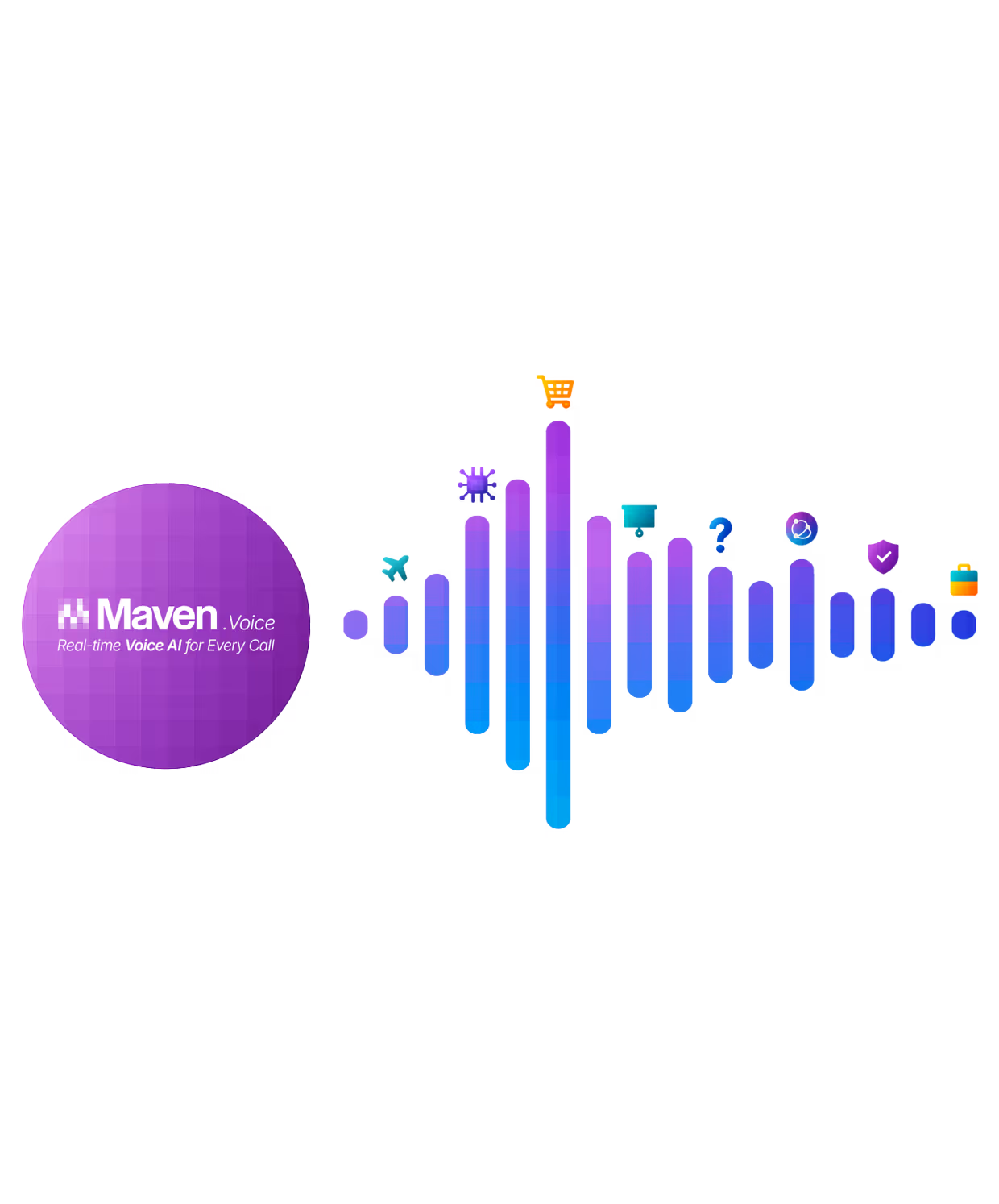 Purple circle with Maven Voice logo and text 'Real-time Voice AI for Every Call' next to colorful sound wave graphics.