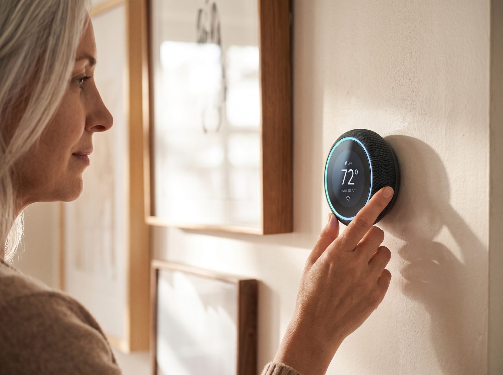 Woman adjusting an Acme Thermostat set to 72 degrees