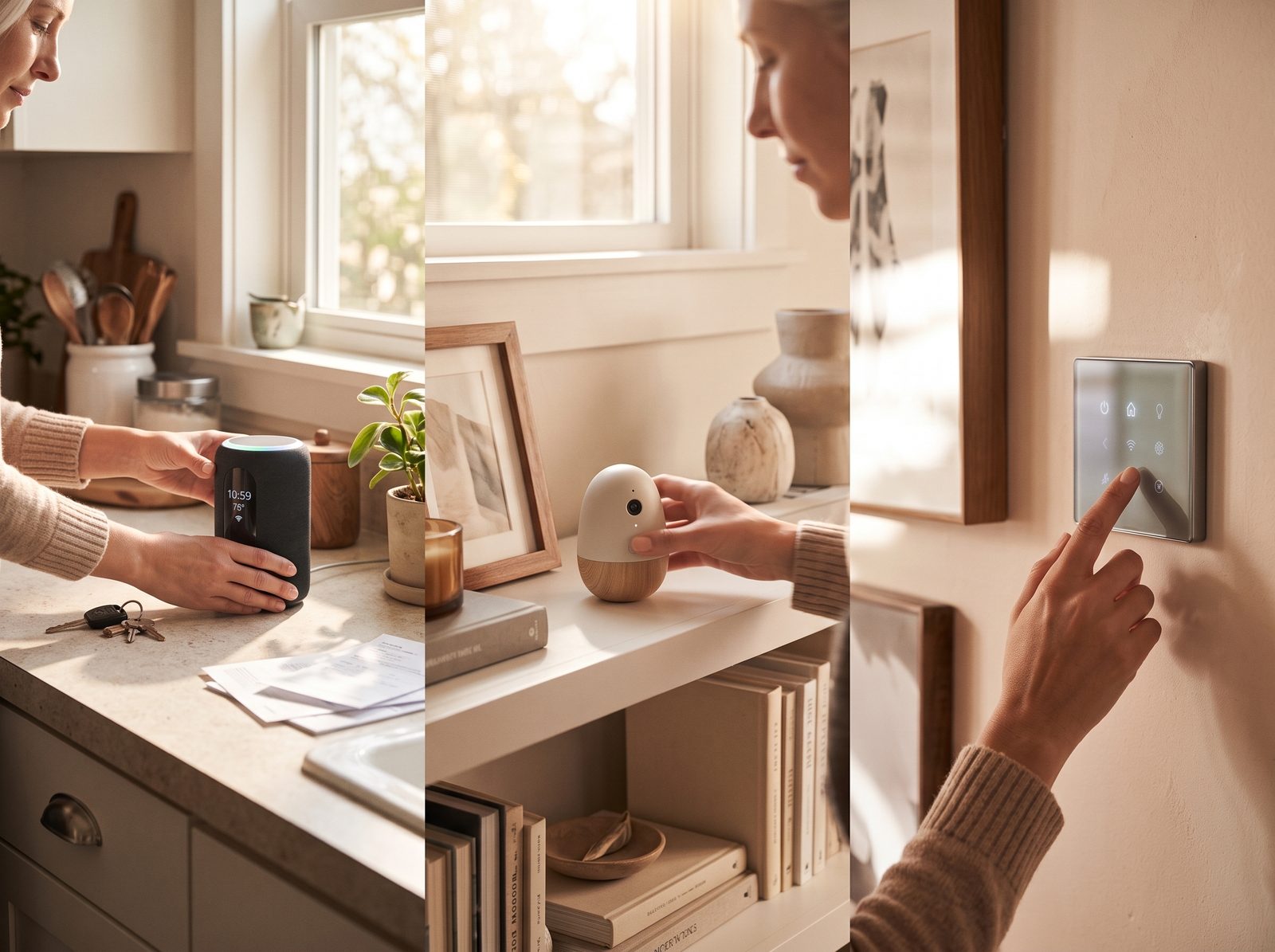 Acme Home Speaker, Sense Cam and wall panel around a sunlit home
