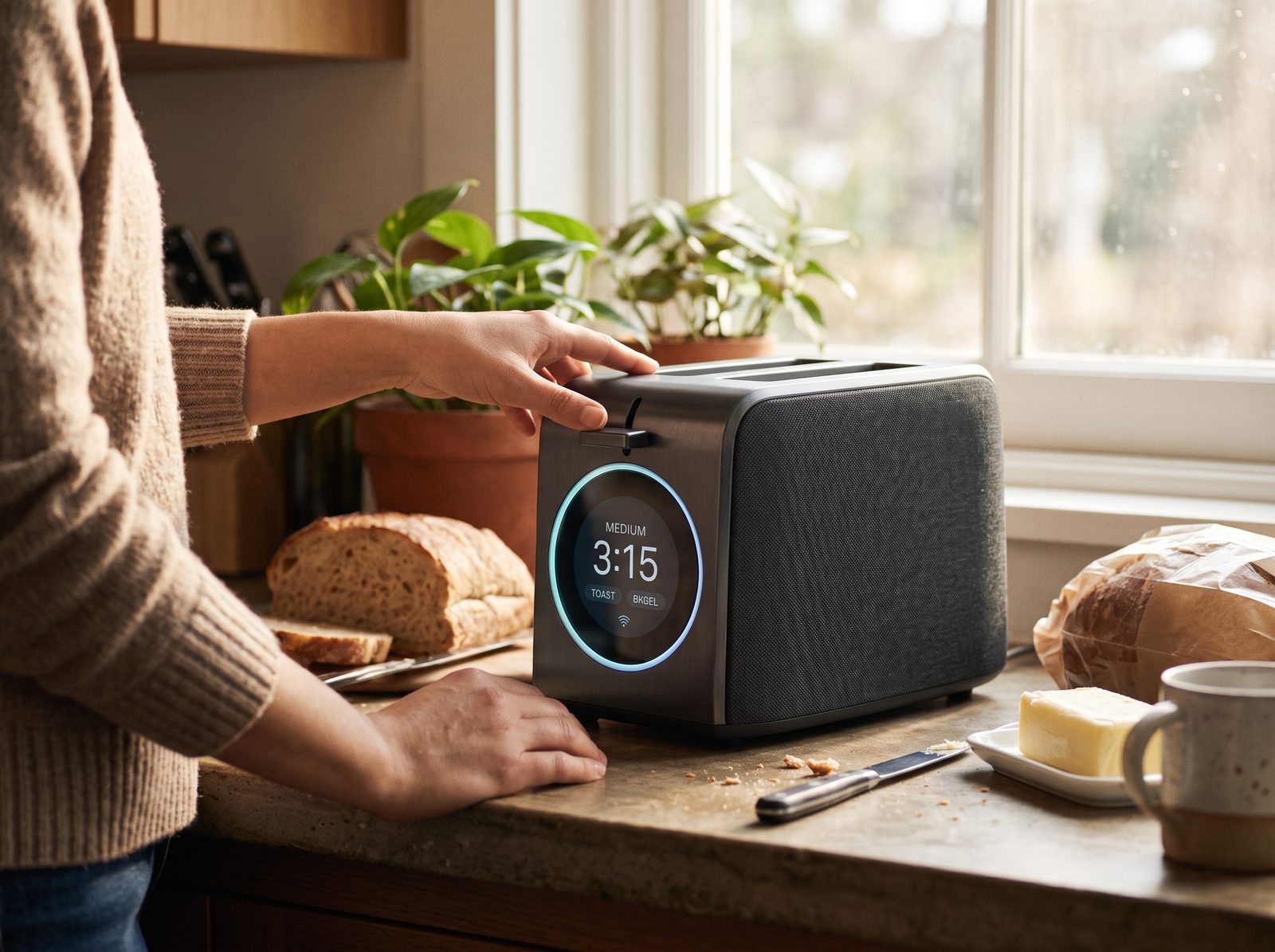 Acme Toast smart toaster with a round display