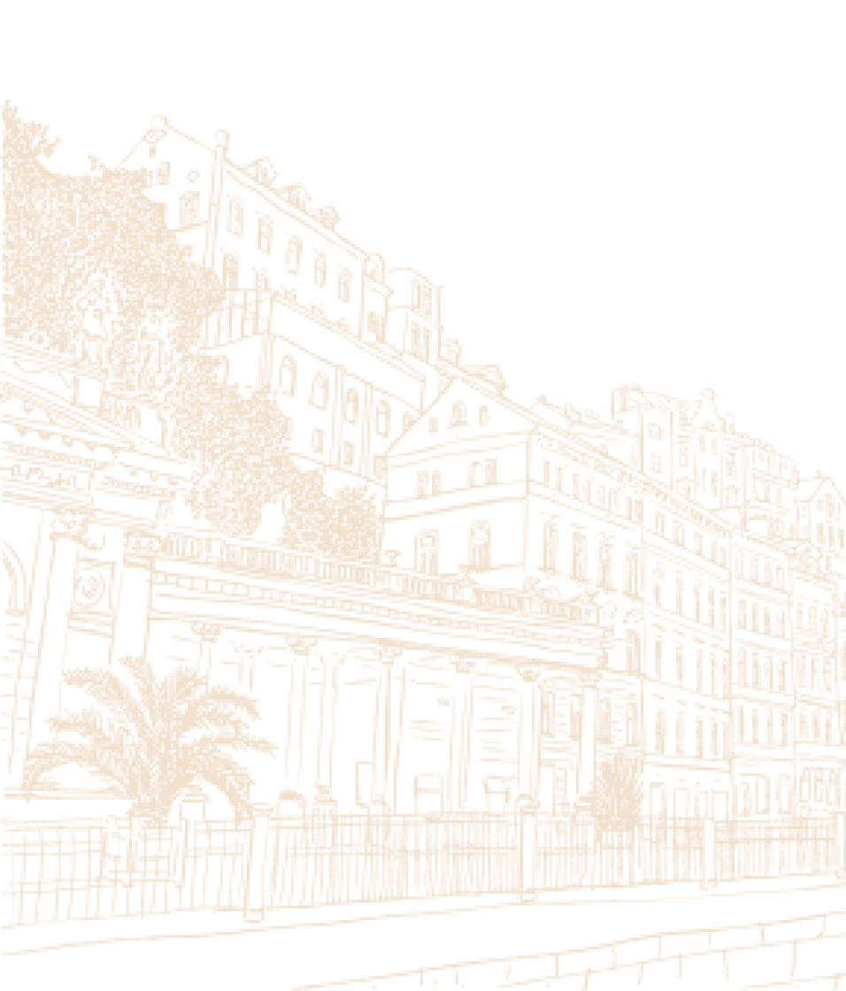 Illustration of a row of classic multi-story Parisian buildings with balconies and trees along a riverbank.