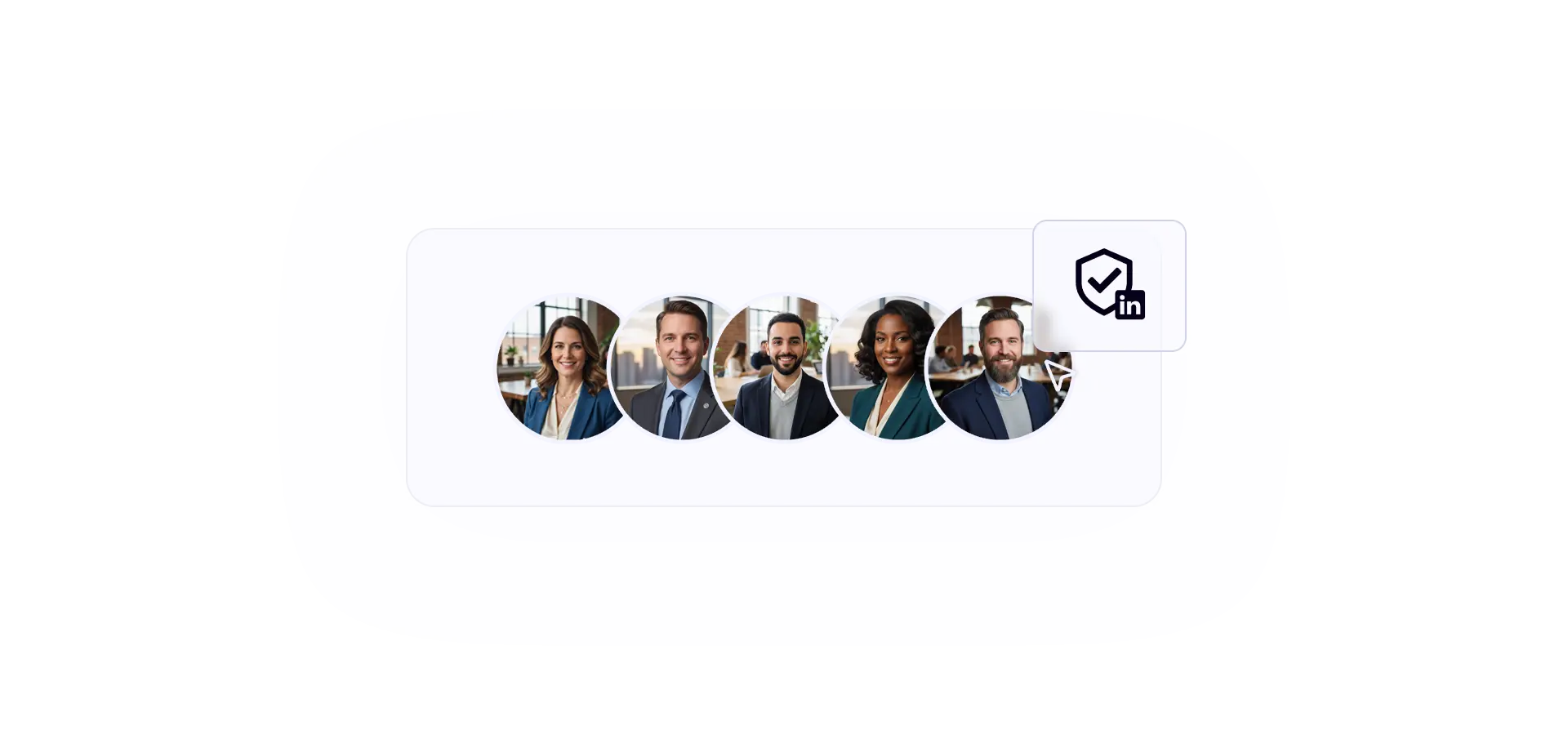 Row of five professional headshots of diverse business people next to a LinkedIn verified badge icon.