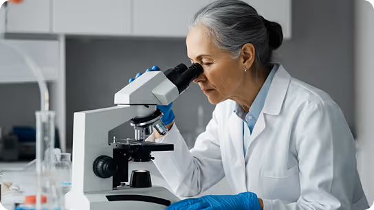 Chercheuse en blouse blanche utilisant un microscope dans un laboratoire de recherche en santé