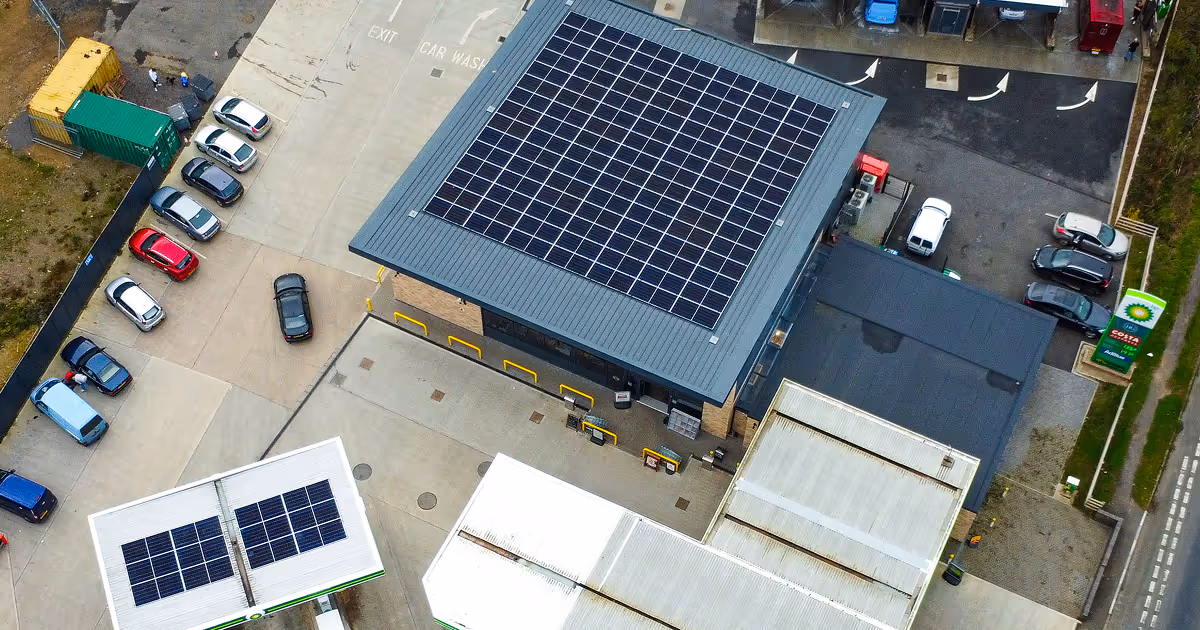 Solar panels on Childerley Gate Service Station