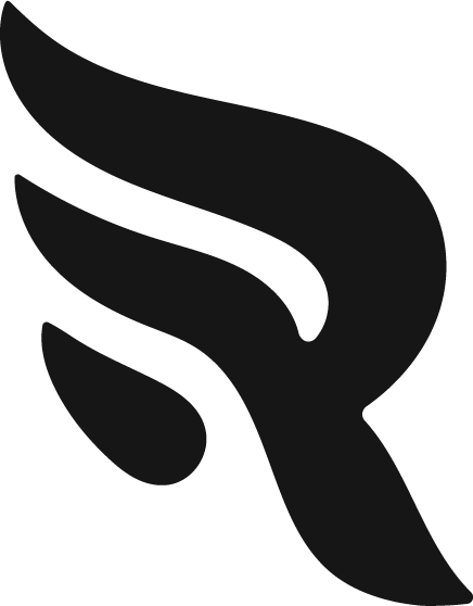 Stylized black abstract logo with flowing shapes resembling wings or leaves.