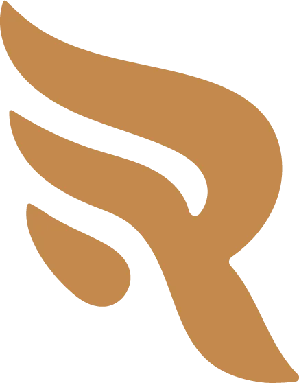 Abstract tan-colored logo design resembling a stylized letter R with flowing, wing-like shapes.