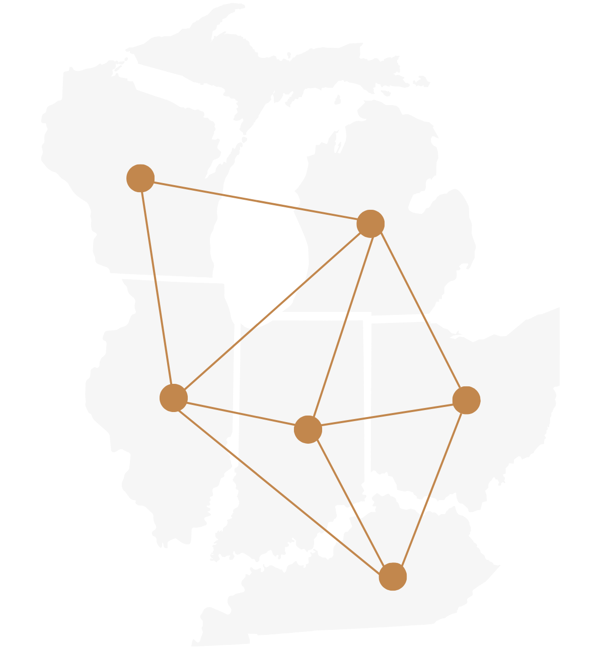 Map of six US states connected by a network of brown nodes and lines, including Wisconsin, Michigan, Illinois, Indiana, Ohio, and Kentucky.