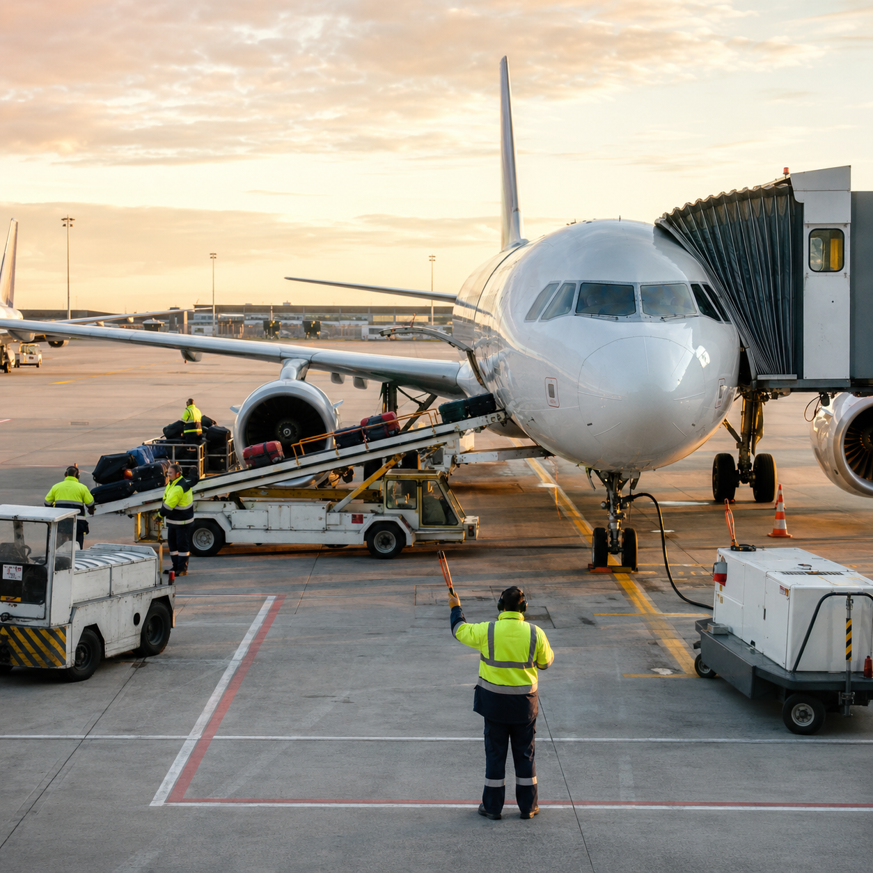 Ground crew coordinating an aircraft turnaround at the gate.