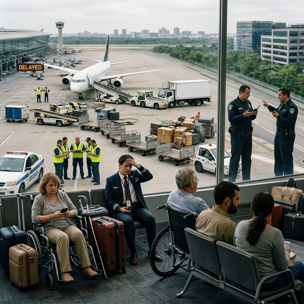 Passengers seated in an airport gate waiting area while ground crew and police officers manage a delayed flight outside near a parked airplane and luggage carts.