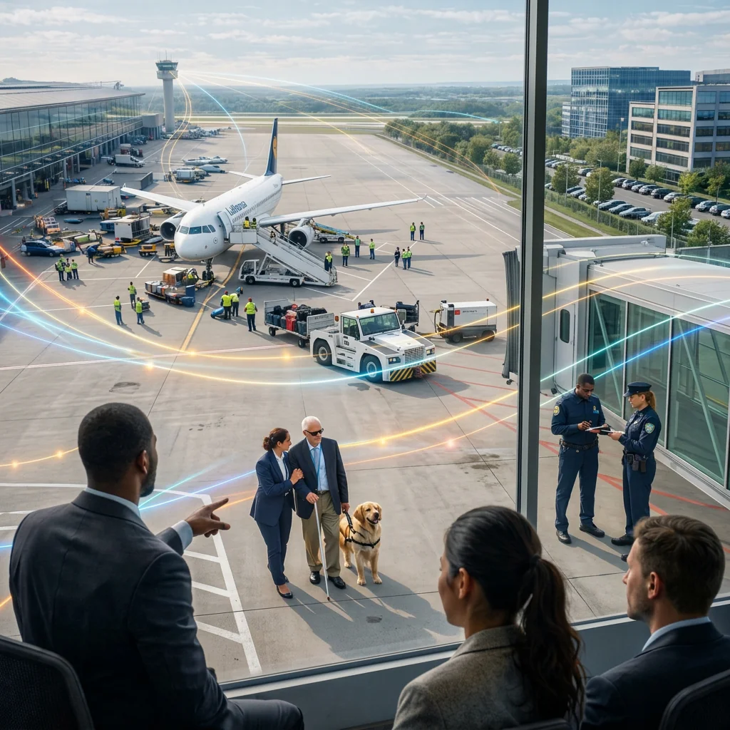 Airport tarmac scene with ground crew around a Lufthansa airplane, an elderly blind man with a guide dog, an assistant, police officers, and three seated people observing through large windows.