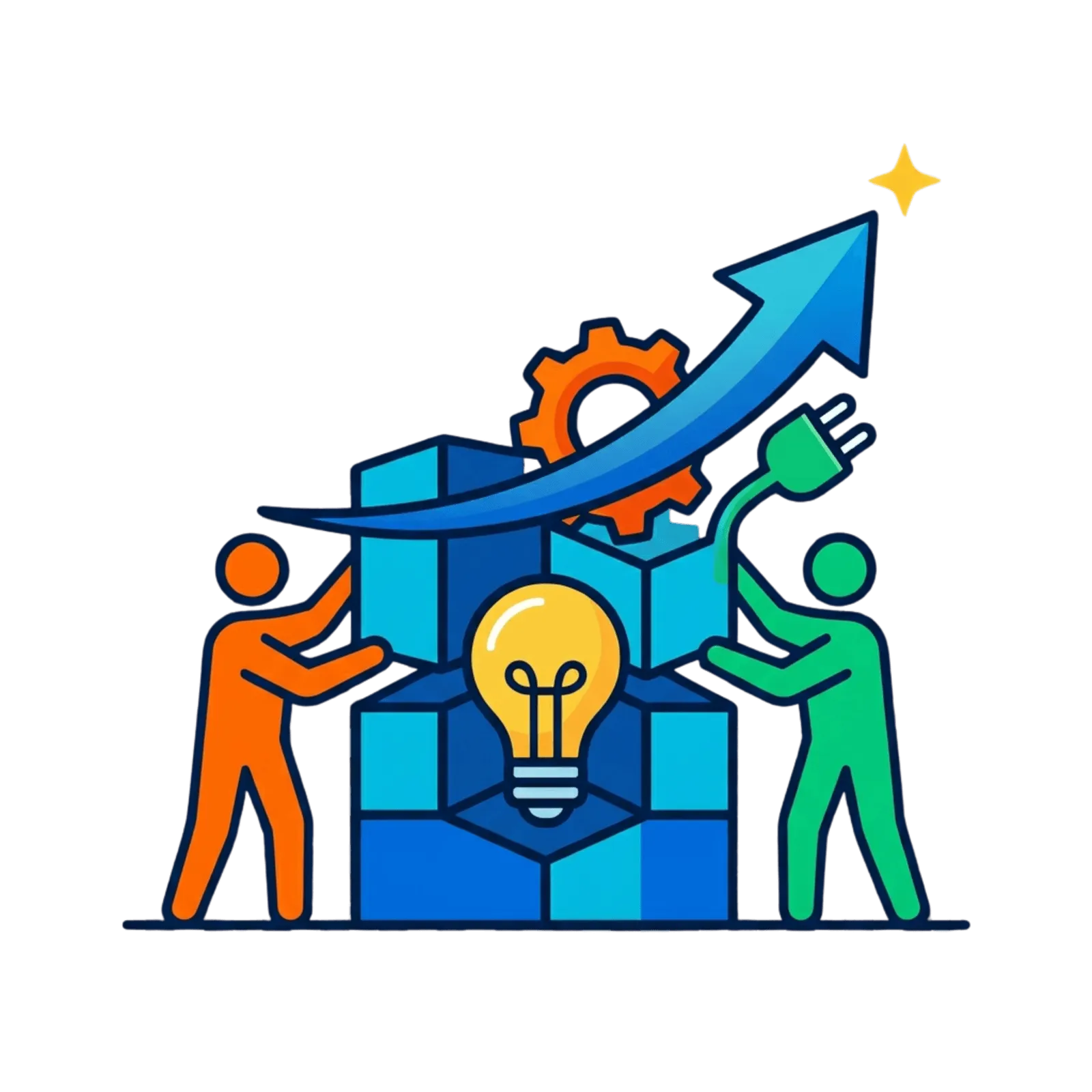 Illustration of two figures building blue blocks with a light bulb, gear, and an upward arrow symbolizing innovation and growth.