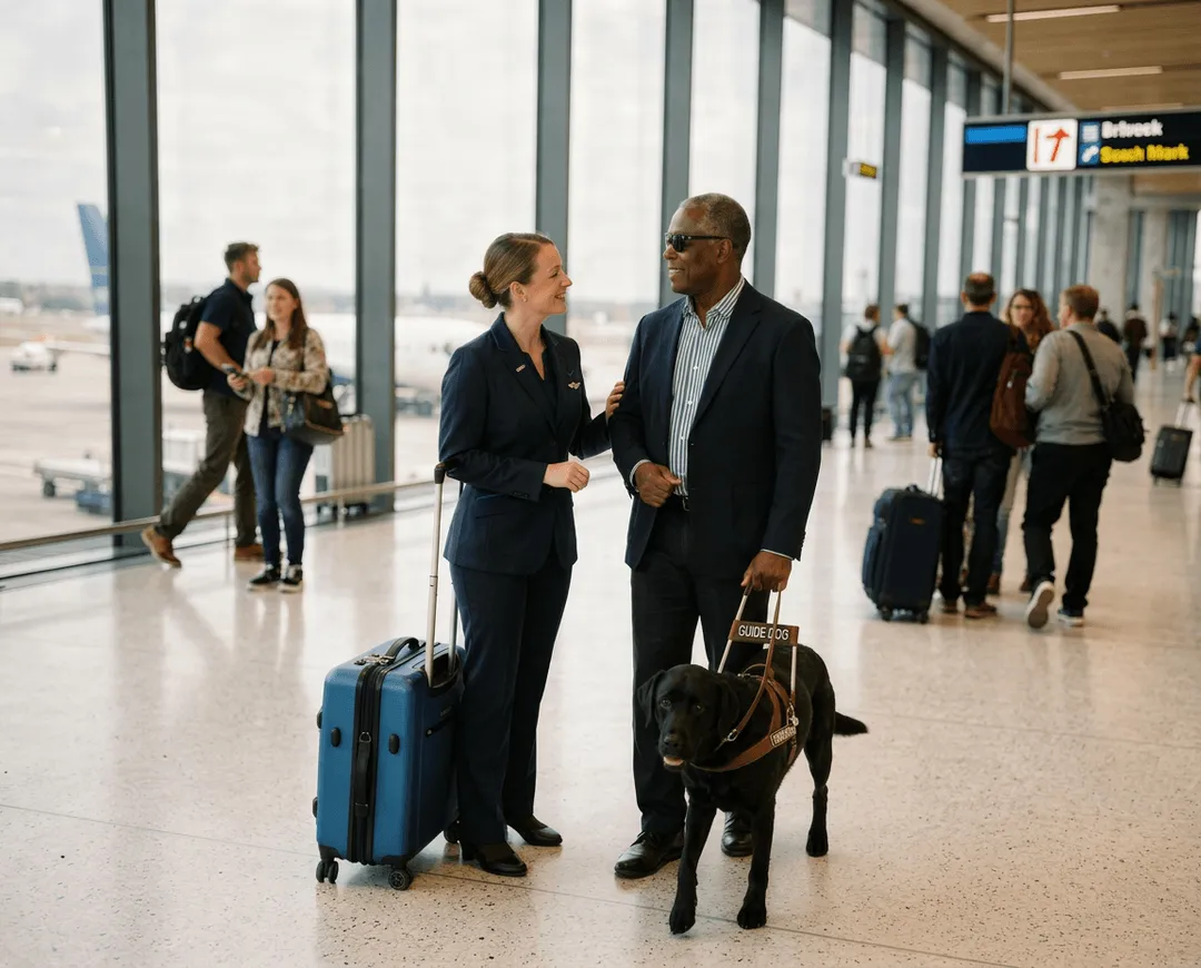A flight attendant speaking with a visually impaired traveler guided by a black guide dog at an airport terminal.