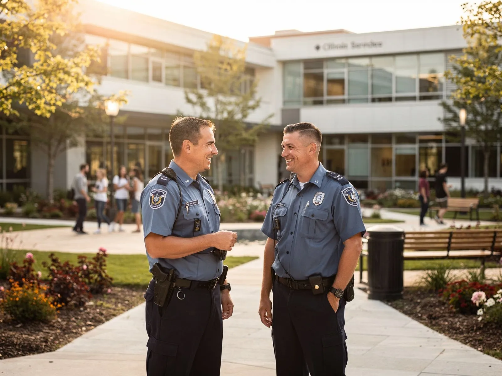 Two security officers in blue uniforms smiling and talking outdoors on a campus with a modern building and students in the background.