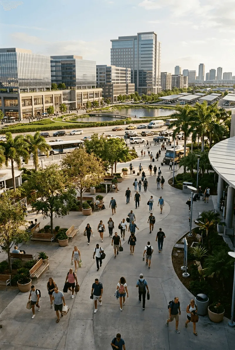 Busy urban pedestrian walkway with people walking among landscaped greenery and benches, modern buildings and a pond in the background.