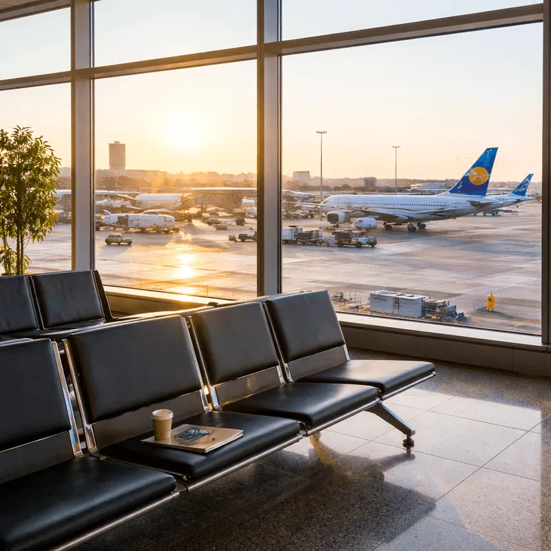Empty airport waiting area with black seats, a coffee cup, and a folder, overlooking planes on the tarmac at sunset.