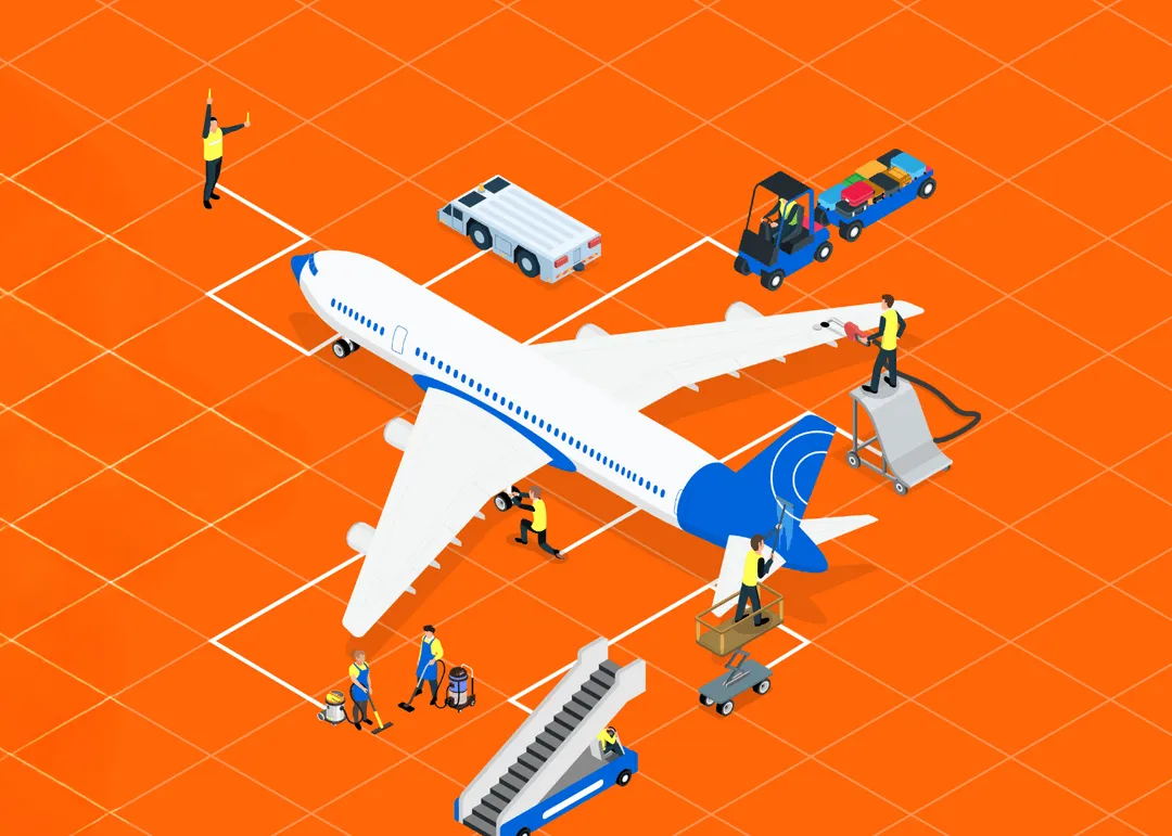 Isometric illustration of airport ground crew servicing a large commercial airplane on an orange grid background.