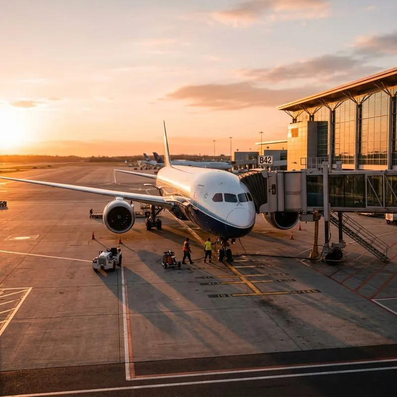 Commercial airplane connected to a jet bridge at gate B42 during sunset with airport workers nearby.