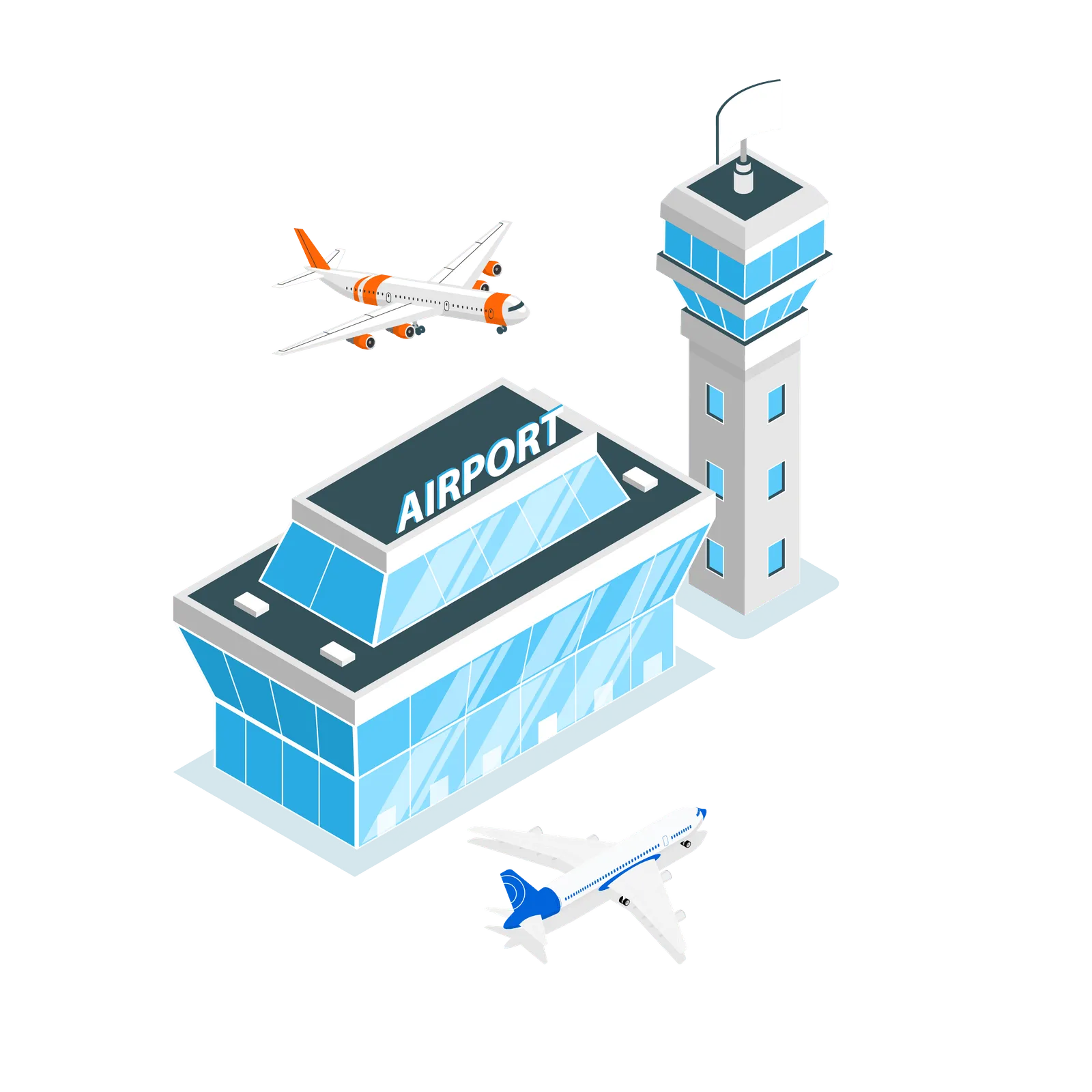 Isometric illustration of an airport terminal building with control tower and two airplanes in flight.