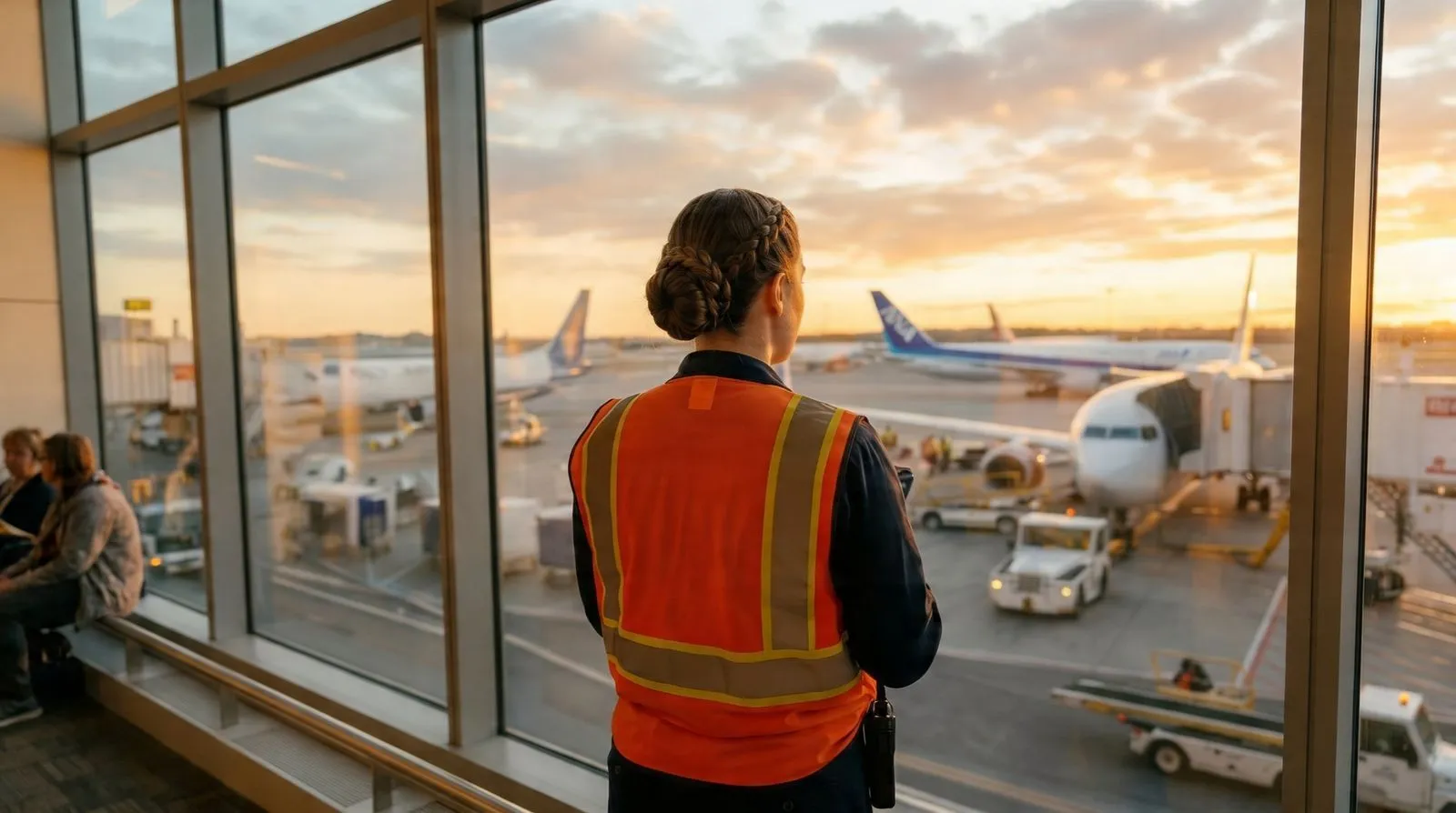 Airport worker in orange safety vest looking out large window at airplanes on the tarmac during sunset.